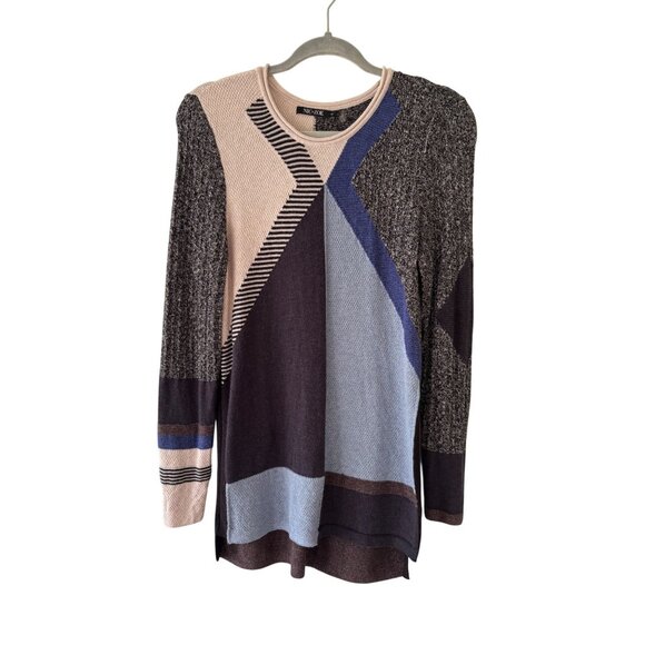 Nic+Zoe Womens S Geometric Mixed Pattern Blue Gray Long-Sleeve Sweater - Picture 2 of 11